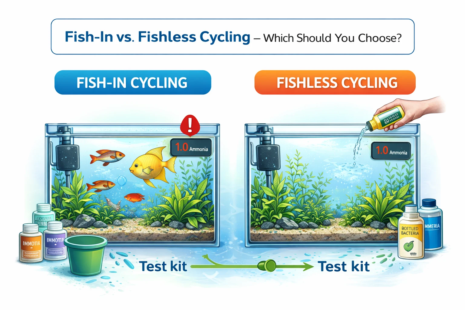 Infographic comparing fish-in cycling (fish in tank, test kit, water changes) with fishless cycling (no fish, ammonia or bottled bacteria dosing, test kit).