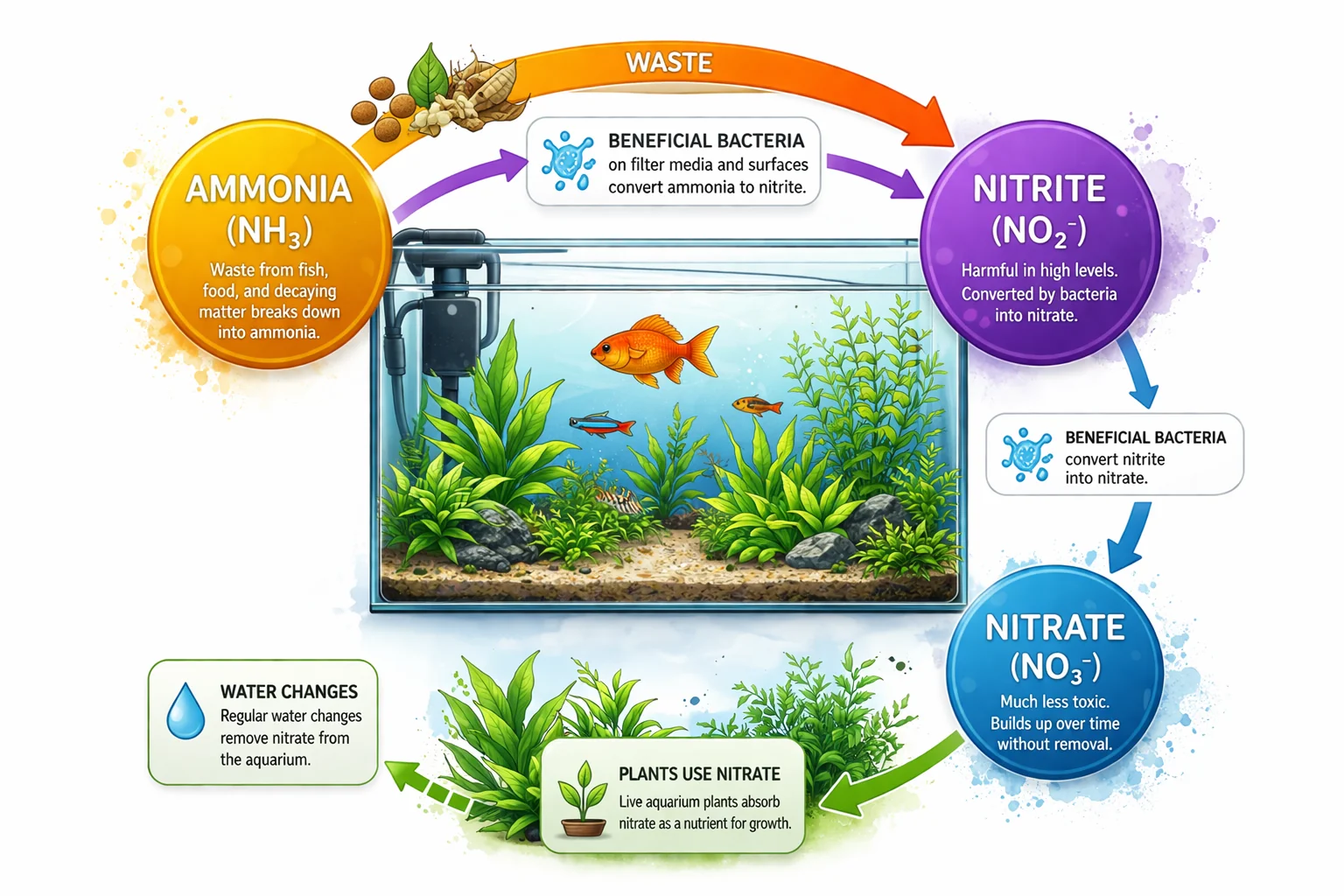 Diagram: the freshwater nitrogen cycle, waste and ammonia, through nitrite and nitrate, to plant uptake and water changes.